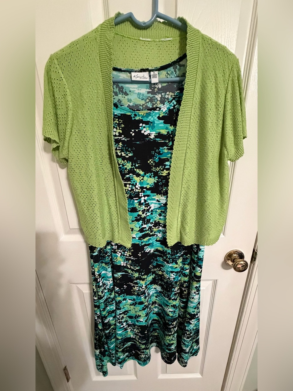 Kim Rogers Green and Teal Patterned Dress with Light Green Cardigan